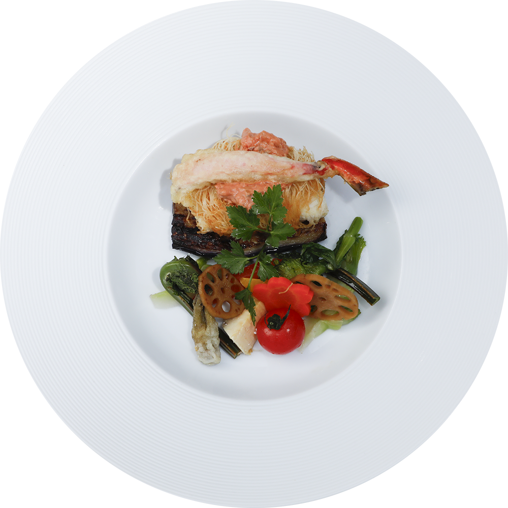 白身魚のカダイフ揚げ ズワイガニのフリットを添えて