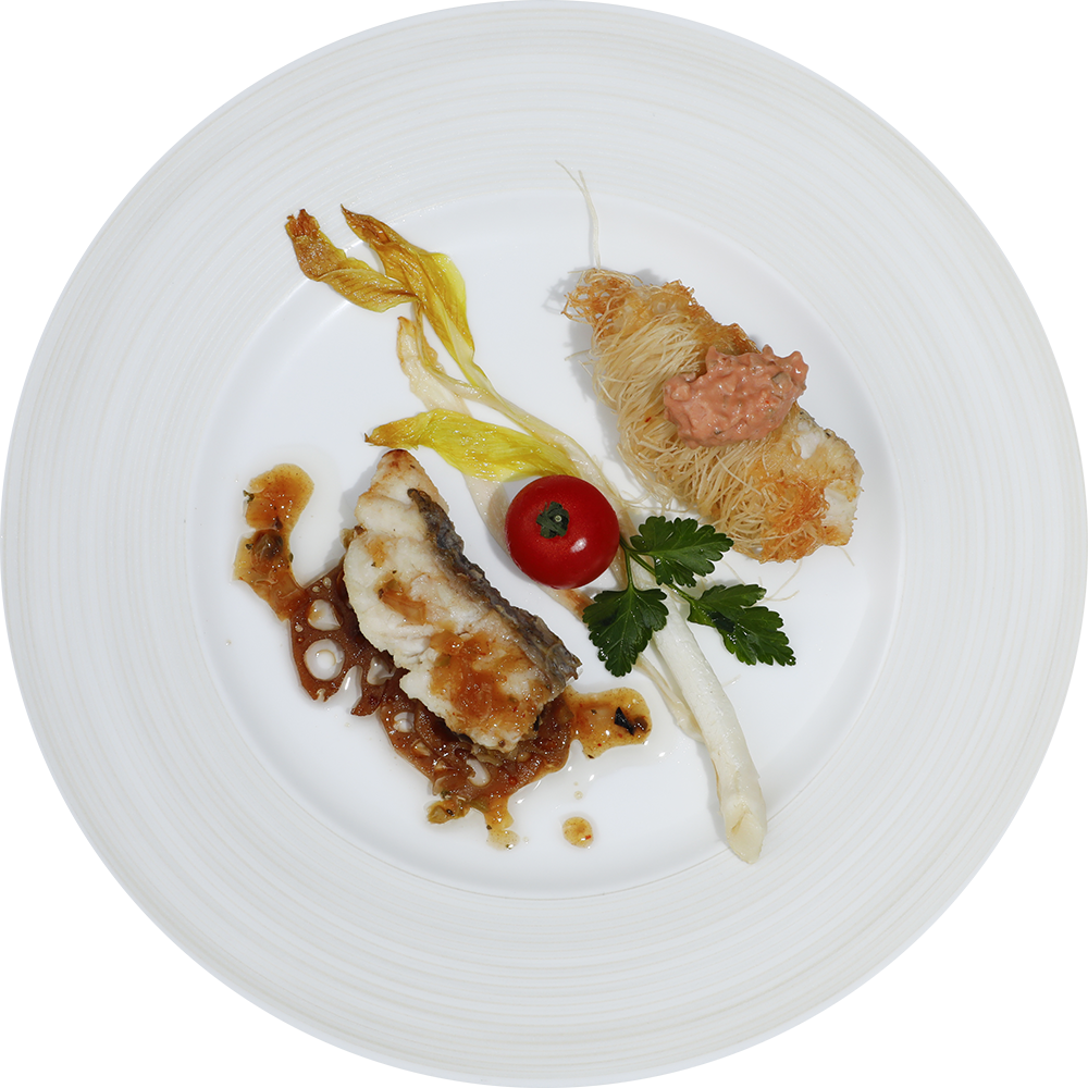 白身魚のカダイフ揚げと真鯛のポワレ