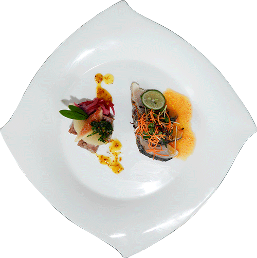 あいち鴨のパテドカンパーニュ ハニーマスタードソース　洋梨コンポートとレッドオニオン酢漬けを添えて サワラのタタキ 和の食材のサラダ仕立て すりおろし野菜のドレッシングで