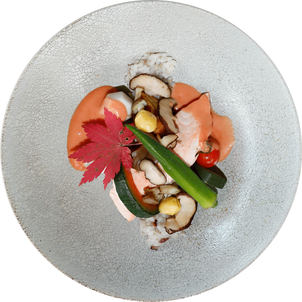 サーモンと真鯛の白ワイン蒸し 雑穀米リゾット添え アメリカンソース