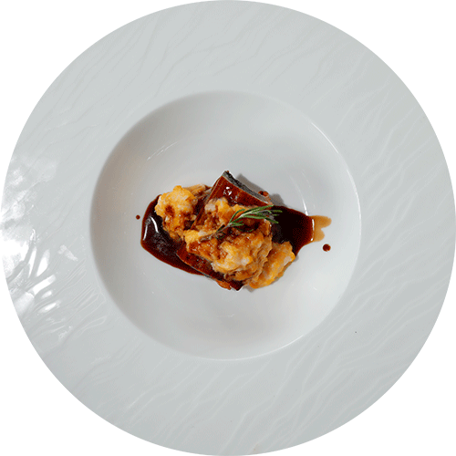 鰻のバルサミコ蒲焼きと雑穀米リゾット スクランブルエッグをのせて