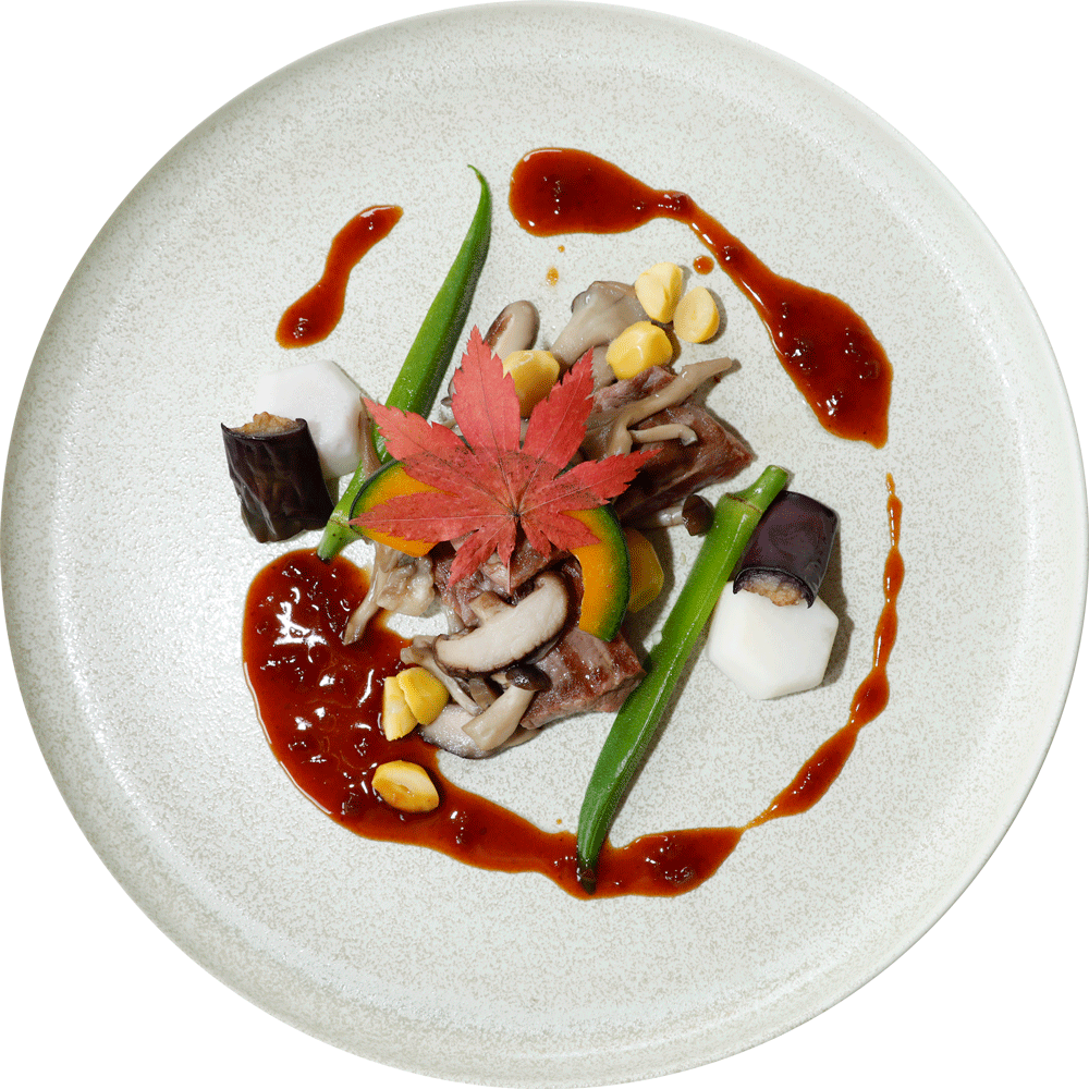 国産牛ロースのグリエ 茸と栗の入った赤ワインソース