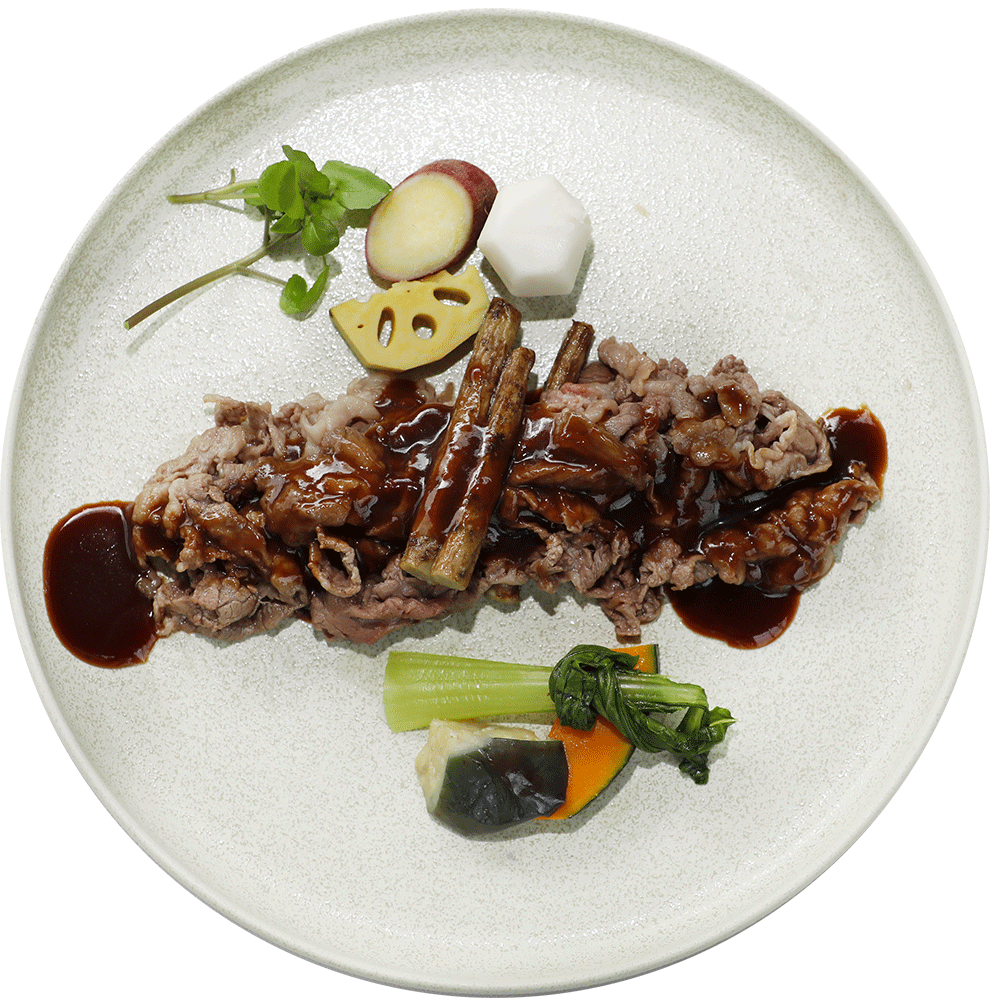 薄切り段戸山高原牛のソテーと牛蒡のフリット グレイビーソース