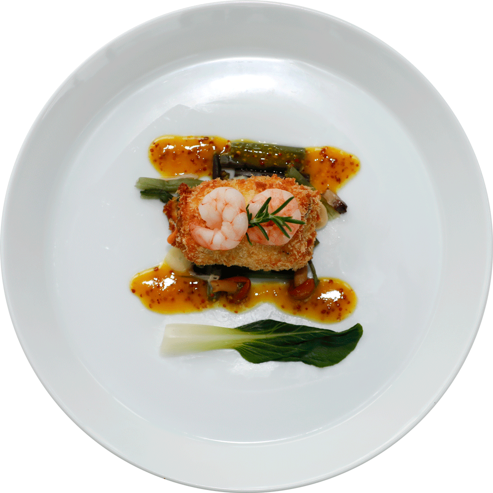 太刀魚のパン粉焼き　小海老のソテーを添えて ハニーマスタードソース