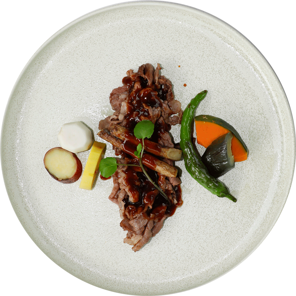 薄切り段戸山高原牛のソテーと牛蒡のフリット グレイビーソース(＋660円で国産牛に変更できます)