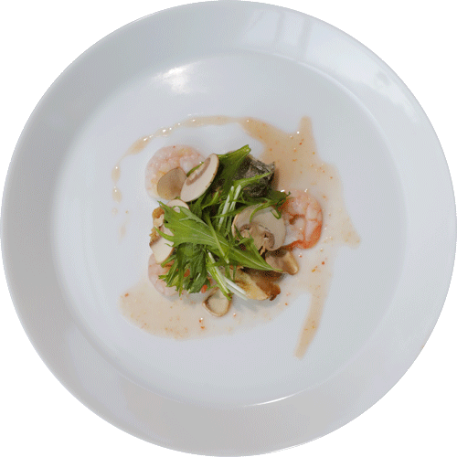 ブリの唐揚げと小海老のポワレ スイートチリソース 水菜、、マッシュルームのサラダ仕立て