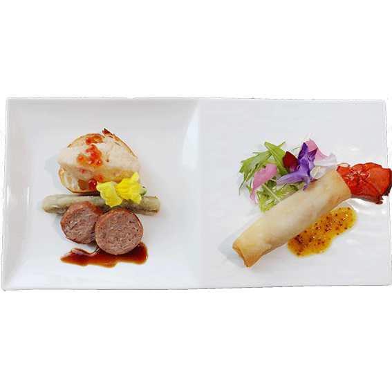 タラコとポテトのブルスケッタ　イクラ添え あいち鴨ソフトサラミとゴボウのフライ 真イカのジェノバ和えとキヌアサラダ