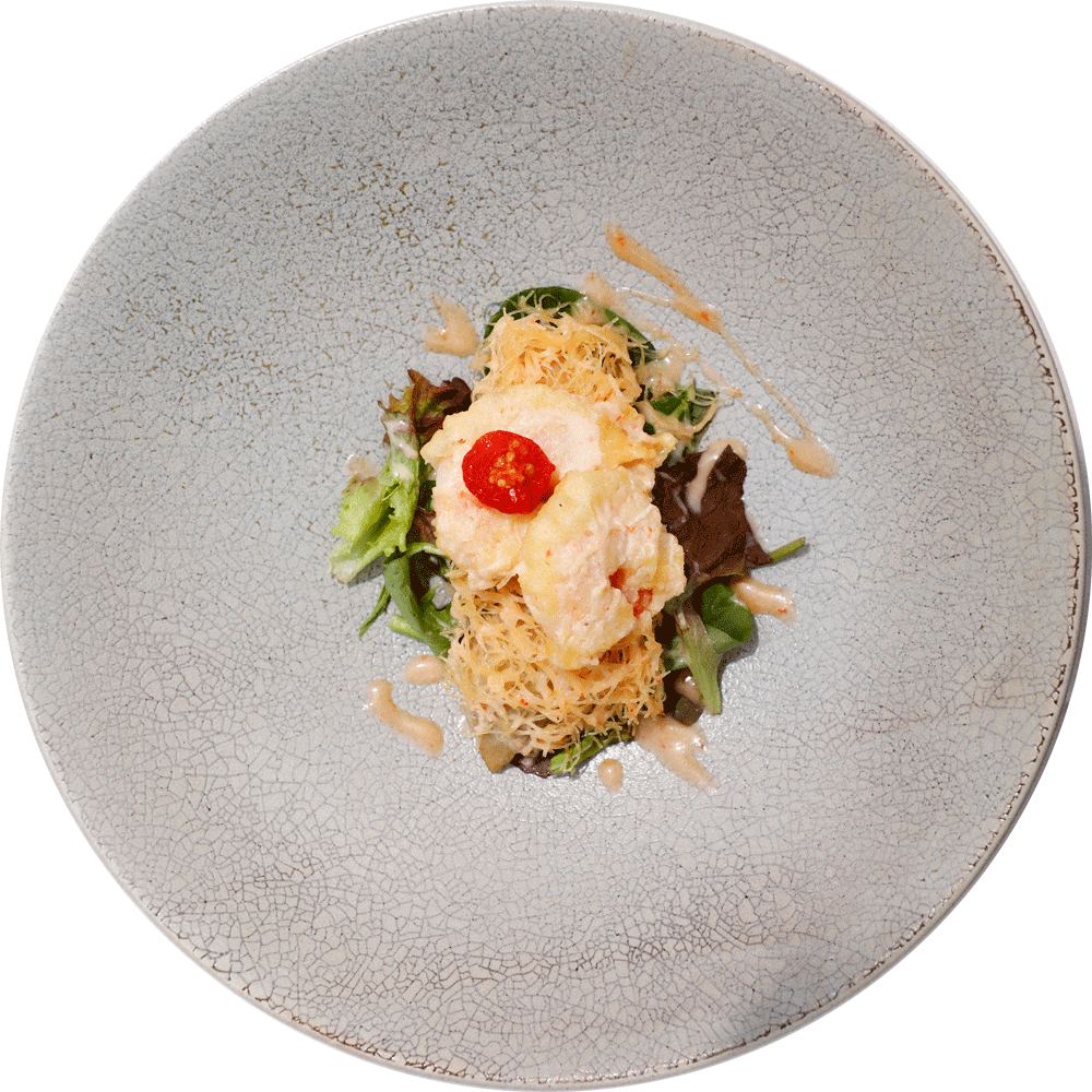 姫鯛のカダイフ揚げと小海老のフリッター スイートチリマヨソース